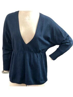Ann Taylor LOFT V-Neck Merino Wool-Acrylic-Cashmere Sweater Knit Top M Blue 184M